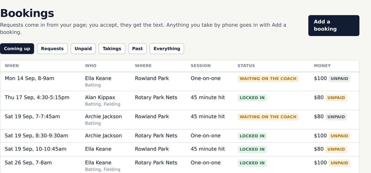A coach's bookings list: who, when, where, what, paid or not