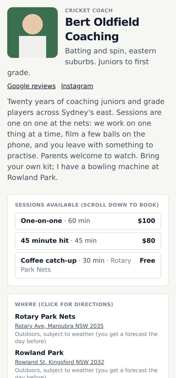 A coach's public booking page on a phone